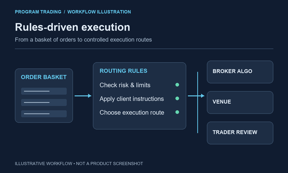 Illustration of basket orders passing through routing rules to a broker algorithm, venue, or trader review.