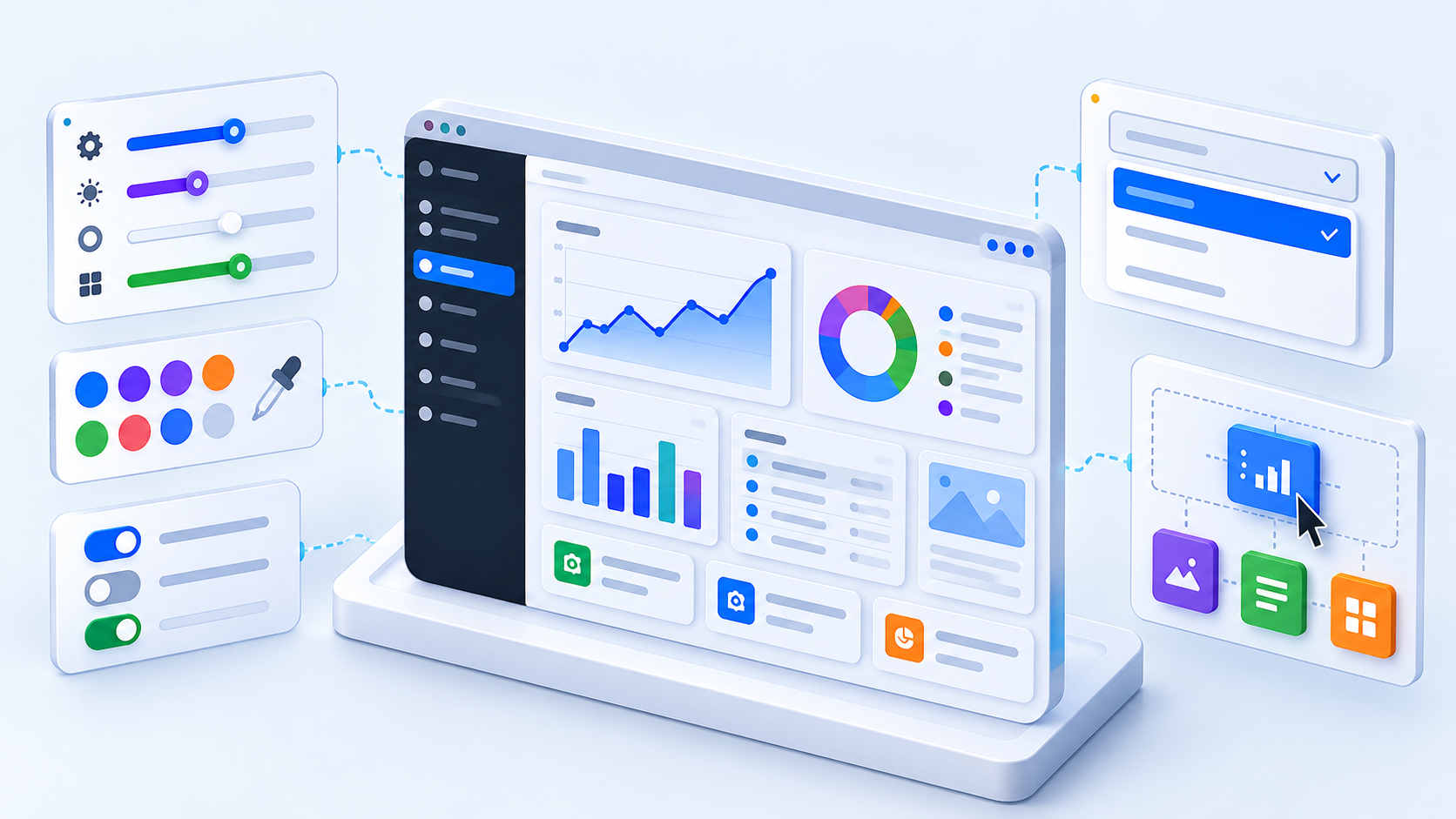 Illustration of visual dashboard configuration using sliders, toggles, dropdowns, and drag-and-drop widgets.