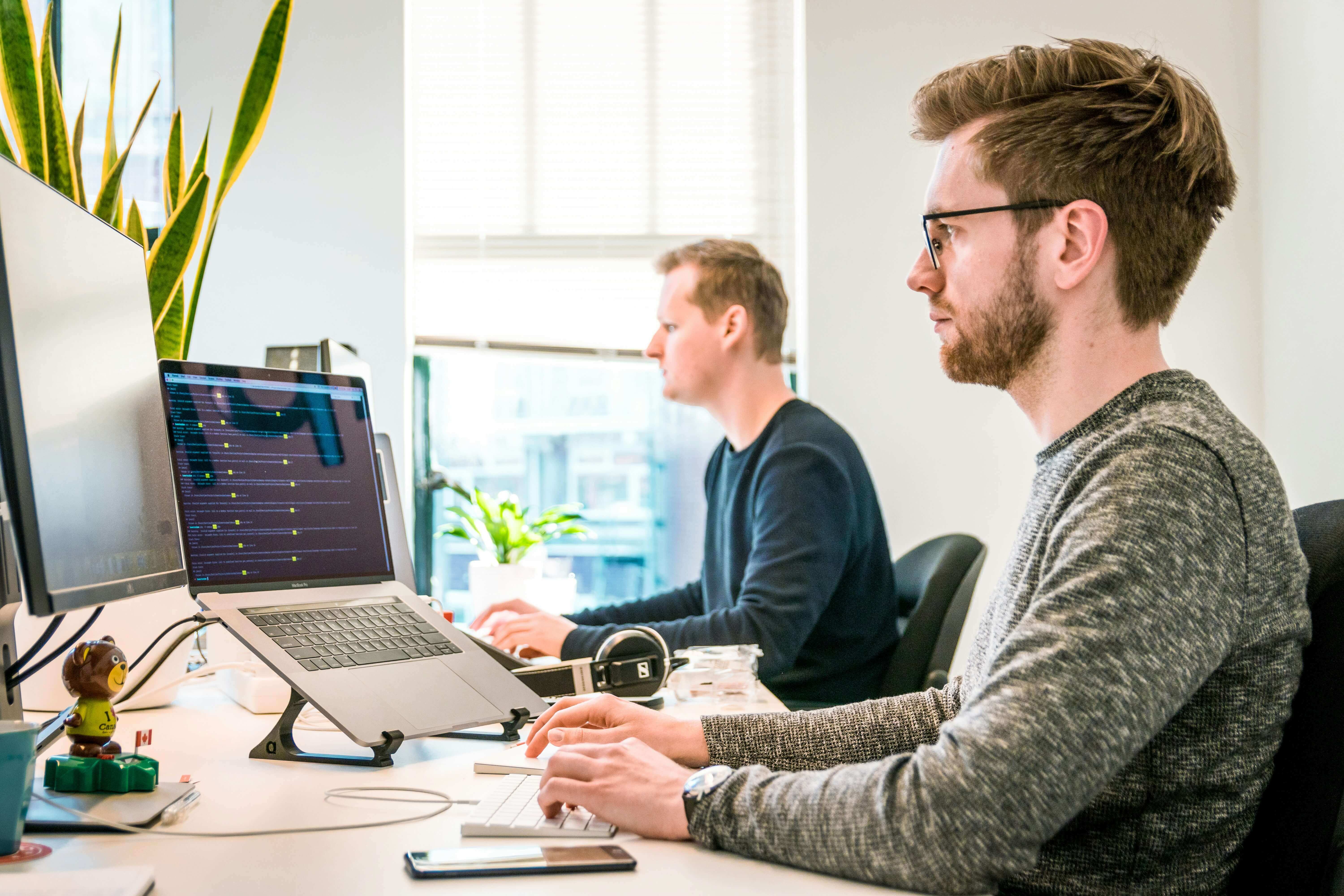 Two colleagues working at desktop computers in an office.
