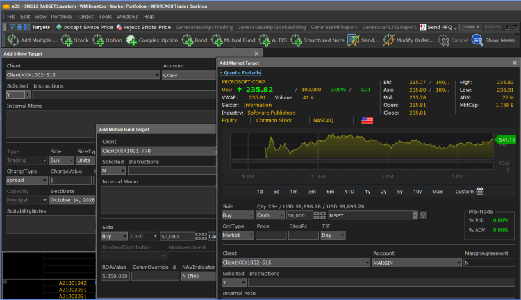 InfoReach TMS wealth management desktop showing market, mutual fund, and structured note order-entry workflows for client accounts.